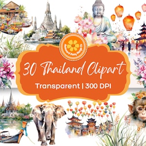 Thailand Clip Art Set | Elefanten, Affen, Tempel, Laternen, Blumen, Nachtmarkt | Asien Reise Digital Download PNG