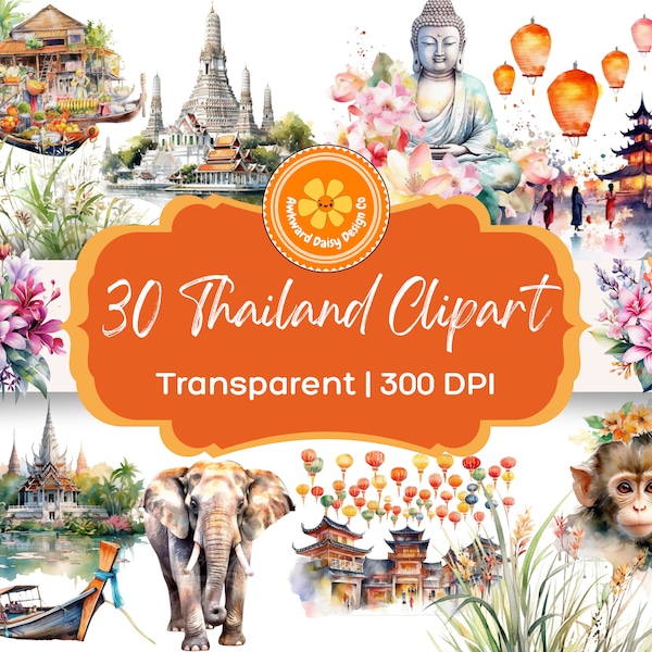 30 Thailand Themed Clipart, Asian Watercolor, Invitation Scrapbook Paper, Transparent Digital Art, 300 DPI, Resizable, PNG, Commercial Use