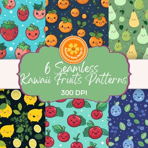 6 Kawaii Fruits Seamless Digital Papers, Pattern, Scrapbook Paper, Playful Food Illustration, Charmingly Sweet, Commercial Use Digital Paper