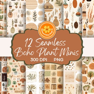 12 Boho Plant Minis Seamless Digital Papers, Patterns, Scrapbook Paper, Vibrant, Classic, Earth Tone, Natural, Commercial Use Digital Paper