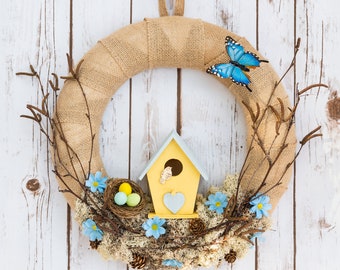 Birdhouse Wreath | Moss and Birch | Butterfly | Spring Hanging Decoration | Flowers (Large)