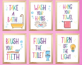 子供用バスルームプリント、手を洗う子供用バスルームアート、子供用バスルーム、子供用バスルームプリント6枚セット（デジタル）子供用プレイルーム装飾