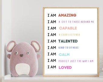 Affirmations Print, Affirmations printable wall art, I Am Kind, I am Enough, Affirmation Wall Art, Affirmation Poster, Kids Room Decor