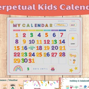 Calendario diario para niños, Calendario perpetuo para niños, Calendario infantil imprimible, Calendario para niños, Cartel Montessori, Calendario Montessori, Educación en casa