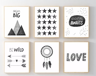May include: Set of six black and white framed prints with various designs, including a mountain range, stars, a dreamcatcher, arrows, polka dots, and the word "LOVE". The prints feature the text "Dream Big", "Adventure Awaits", "Be Wild", and "Love".
