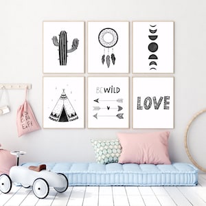 Nursery Monochrome, Black and White Nursery Wall Art, Mountain Nursery, Love Sign Kids Room, Set of 6, Dreamcatcher Printable Tribal Art