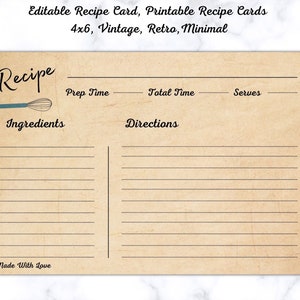 Tarjeta de receta editable, Tarjetas de receta imprimibles 4x6, Vintage y blanco, Plantilla de tarjeta de receta, Recetas de cocina, Memoria, Receta personalizada