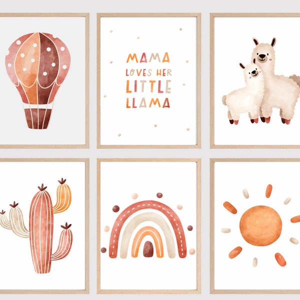 Set poster terracotta, baby lama afdrukbaar, lama babykamer, set van 7 afdrukbaar, terracotta kinderkamer kunst aan de muur, baby dierenprint, kinderkamer