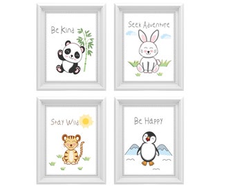 Safari dieren kinderkamer kunst aan de muur, 4 digitale prints, jungle kinderkamer decor, safari thema kinderkamer, safari kinderkamer decor, neutrale kinderkamer