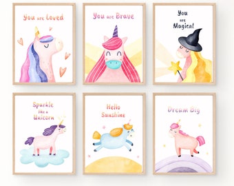 Décor de licorne pour chambre de filles, décor de pépinière de licorne, 6 impressions numériques, aquarelle de licorne, affirmations, art positif, crèche