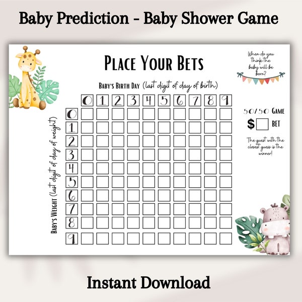 Guess Baby's Birth Date Calendar, Baby Prediction, 50/50 Game Baby Party Games, Baby Shower, Guess Baby Due Date, Guess the due date, Safari