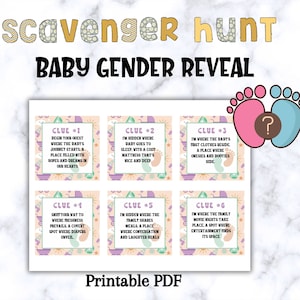 Búsqueda del tesoro de revelación de género, juego de revelación de género, juegos de baby shower, juegos imprimibles, juegos de fiesta para bebés, juegos para bebés, tarjetas de pistas de búsqueda del tesoro
