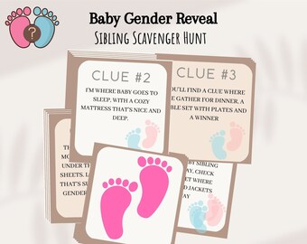 Baby Scavenger Hunt, Gender Reveal Scavenger Hunt, Gender Reveal Game, Baby Party Games, Baby Games, Treasure Hunt Clue Game, Sibling Reveal