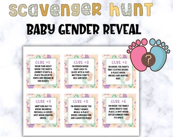 Gender Reveal Scavenger Hunt, Gender Reveal Game, Baby Shower Games, Printable games, Baby Party Games, Baby Games, Treasure Hunt Clue Cards