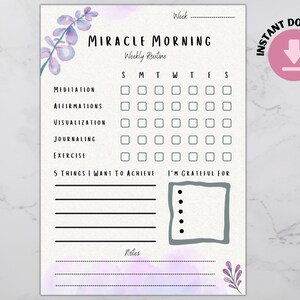 Miracle Mornings Weekly Routine, Miracle Mornings Planner, Morning Routine, Printable Morning Tracker, Morning Chart, Productivity Planner