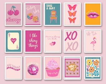 Dekoracja pokoju Coquette Preppy Wall Art Zestaw 15 Różowo-pomarańczowych Galerii Retro Wall Art Podstawowe elementy pokoju w akademiku Plakaty Nastolatka Indie Dekoracja pokoju
