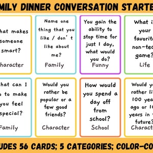 Konversationskarten für Kinder, Familienabendessen Gesprächsstarter, Familienaktivitäten, druckbare soziale Fähigkeiten, Kinderspiel, Fragen für Kinder