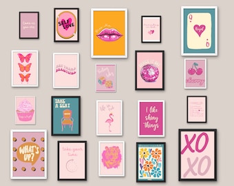 Coquette Room Decor Preppy Wall Art Set Of 20 Pink Orange Gallery Wall Set Prints, Retro Wall Art Maximalist Gallery Posters Teen Girl Room