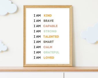 Affirmations printable wall art, I Am Print, Affirmation Wall Art, Affirmation Poster Digital, Playroom, Kids Room Decor, Nursery Wall Art