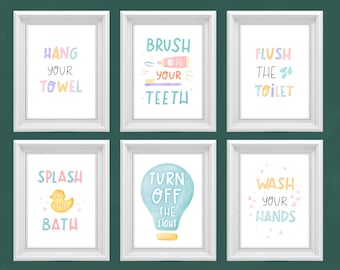 Kids Bathroom Art Set, Bathroom Wall Prints, Bathroom Rules, 6 Digital Prints, Kids Bathroom Decor, Children's Bathroom Watercolor Wall Art