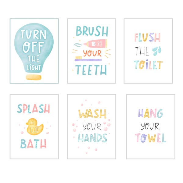 Kids Bathroom Decor, Bathroom Printable Kids, Kids Bathroom Wall Art, Children Bathroom Print, Digital Watercolor Wall Art, Bathroom Rules