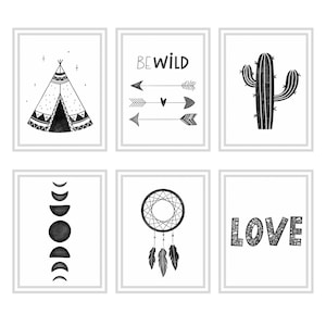 Décor monochrome, Art de pépinière scandinave, Décor de pépinière nordique, Art mural minimaliste noir et blanc, Montagne, Capteur de rêves, Signe d’amour