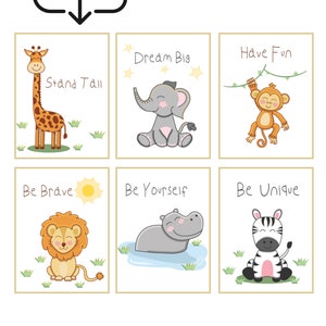 Safari Animals Nursery Wall Art, Set of 6 Prints ( Digital) , Elephant, Zebra, Lion, Hippo, Monkey, Giraffe with Inspirational Quotes