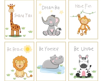 Safari Tiere Kinderzimmer Wandkunst, 6er Set Drucke ( Digital) , Elefant, Zebra, Löwe, Nilpferd, Affe, Giraffe mit inspirierenden Zitaten