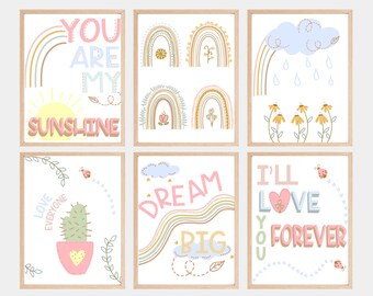 Boho Nursery Decor, 6 Digital Prints, Nursery Decor Girl Boho, Pastel Rainbow Nursery Art, Baby Girl Nursery Decor, Nursery Watercolor