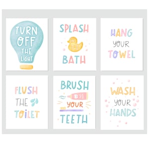 Kids Bathroom Art Set, Bathroom Wall Prints, Set of 6 (Digital)  Funny Quotes, Kids Bathroom Decor, Children&#39;s Bathroom Watercolor Wall Art