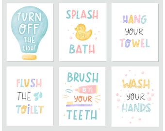 Kids Bathroom Art Set, Bathroom Wall Prints, Set of 6 (Digital)  Funny Quotes, Kids Bathroom Decor, Children's Bathroom Watercolor Wall Art