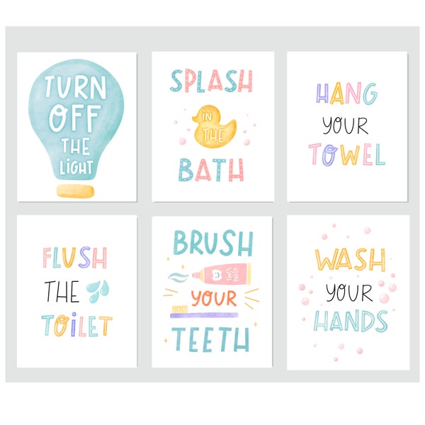 Kids Bathroom Art Set, Bathroom Wall Prints, Set of 6 (Digital)  Funny Quotes, Kids Bathroom Decor, Children's Bathroom Watercolor Wall Art