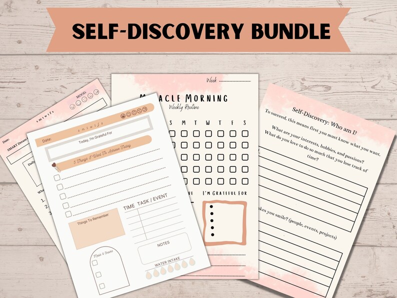 May include: A printable self-discovery bundle with pink and white watercolor backgrounds. The bundle includes a weekly routine planner, a daily gratitude journal, and a self-discovery worksheet.