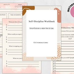 May include: A printable self-discipline workbook with a pink and brown abstract design. The workbook includes prompts for self-discovery, goal setting, and daily motivation.