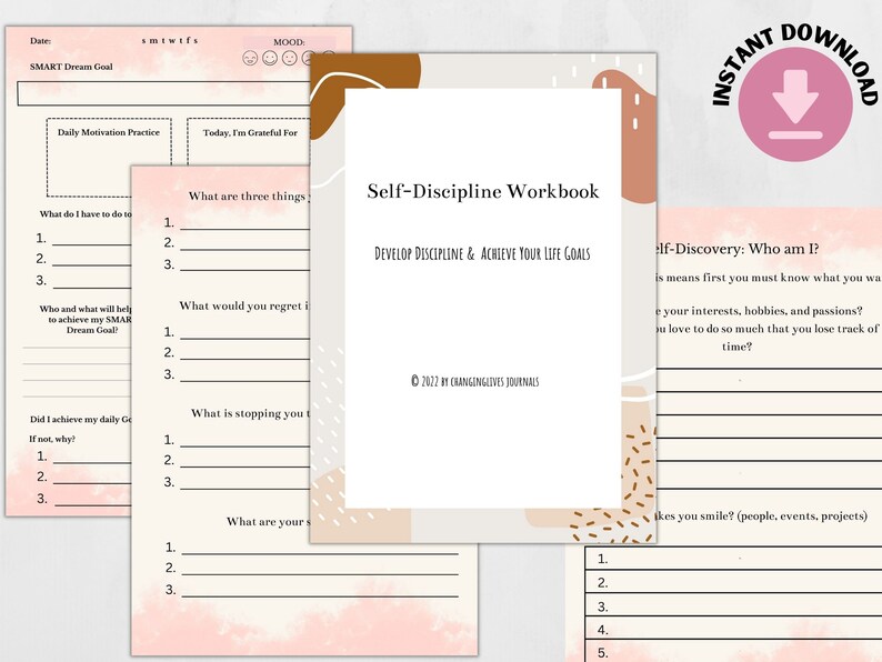 May include: A printable self-discipline workbook with a pink and brown abstract design. The workbook includes prompts for self-discovery, goal setting, and daily motivation.