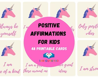 Unicorn Kids Affirmation Cards, 48 Cards For Kids, Positivity Cards, Lunch Note Cards, Lunchbox Printable Cards, Lunch notes for kids