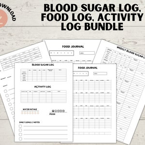 Peut inclure: Ensemble de feuilles imprimables pour un journal de suivi du sucre dans le sang, un journal alimentaire et un journal d'activités. Les pages sont en noir et blanc avec une grille simple. Le texte "BLOOD SUGAR LOG, FOOD LOG, ACTIVITY LOG BUNDLE" est en haut de la page.