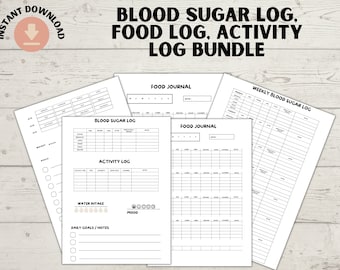 Blood Sugar Log Book, Blood Glucose Tracker Bundle, Food Log, Activity Log, Blood Sugar Tracker, Gestational Diabetes, Diabetes