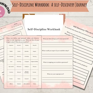 May include: A pink and white self-discovery workbook with the title "Self-Discipline Workbook: A Self-Discovery Journey". The workbook includes prompts for self-reflection and personal growth.