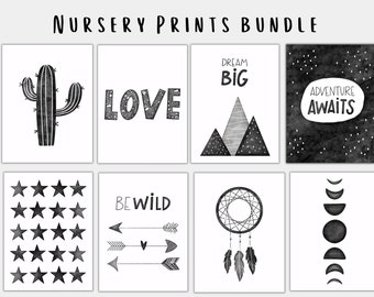 May include: A set of eight black and white nursery prints featuring various designs, including a cactus, the word "LOVE", mountains with the text "DREAM BIG", stars, arrows with the text "BE WILD", a dreamcatcher, and phases of the moon. The text "ADVENTURE AWAITS" is also included on one of the prints.