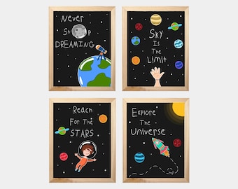 Space Wall Art, Space Poster, Space Nursery Decor, Space Art for Kids Set of 4 Printable, Outer Space Playroom Wall Decor, Solar System