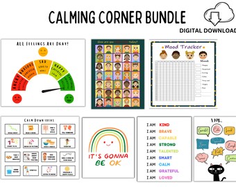 Calming Corner Wall Art, Calming Corner Chart Bundle, Self Regulation, Counselor Art, Affirmations poster, Feelings Chart, Emotions Poster