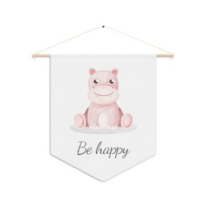 Hippo nursery decor, Hippo Wall Art, Nursery Pennant, Watercolor Nursery Wall Hanging, Felt banner Nursery, Playroom Decor, Be happy