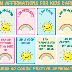 Positive Affirmation Cards for Kids / 40 Affirmations Printable Cards / Positive Thought Cards Kids /  Lunch Note Cards / Empowerment Cards