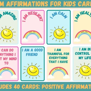 Positive Affirmation Cards for Kids / 40 Affirmations Printable Cards / Positive Thought Cards Kids /  Lunch Note Cards / Empowerment Cards