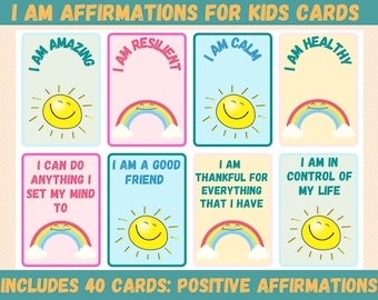 Positive Affirmation Cards for Kids / 40 Affirmations Printable Cards / Positive Thought Cards Kids /  Lunch Note Cards / Empowerment Cards