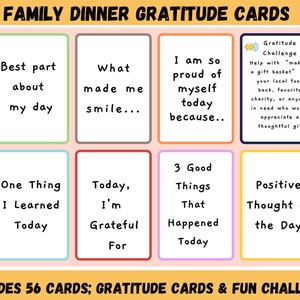 Cartões de gratidão para jantar em família, cartões de conversa em família para crianças sobre gratidão, desafio de gratidão, iniciadores de conversa para família