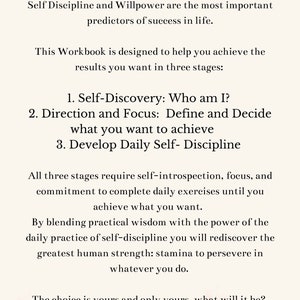 May include: A pink and white motivational workbook with the title "How to use Self-Discipline Workbook". The text describes the importance of self-discipline and willpower for success in life. It outlines three stages: Self-Discovery, Direction and Focus, and Develop Daily Self-Discipline.