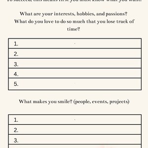 May include: A printable worksheet with the title "Self-Discovery: Who am I?"  The worksheet asks two questions: "What are your interests, hobbies, and passions?" and "What makes you smile? (people, events, projects)".  The worksheet has two sections with five blank lines each for writing answers.