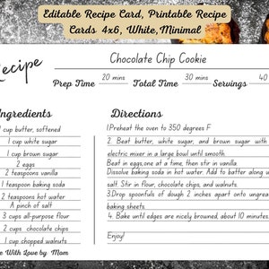 Tarjetas de recetas, Tarjeta de recetas editables, Imprimible 4x6, Vintage y blanco, Plantilla de tarjeta de recetas, Recetas de cocina, Memoria, Receta personalizada